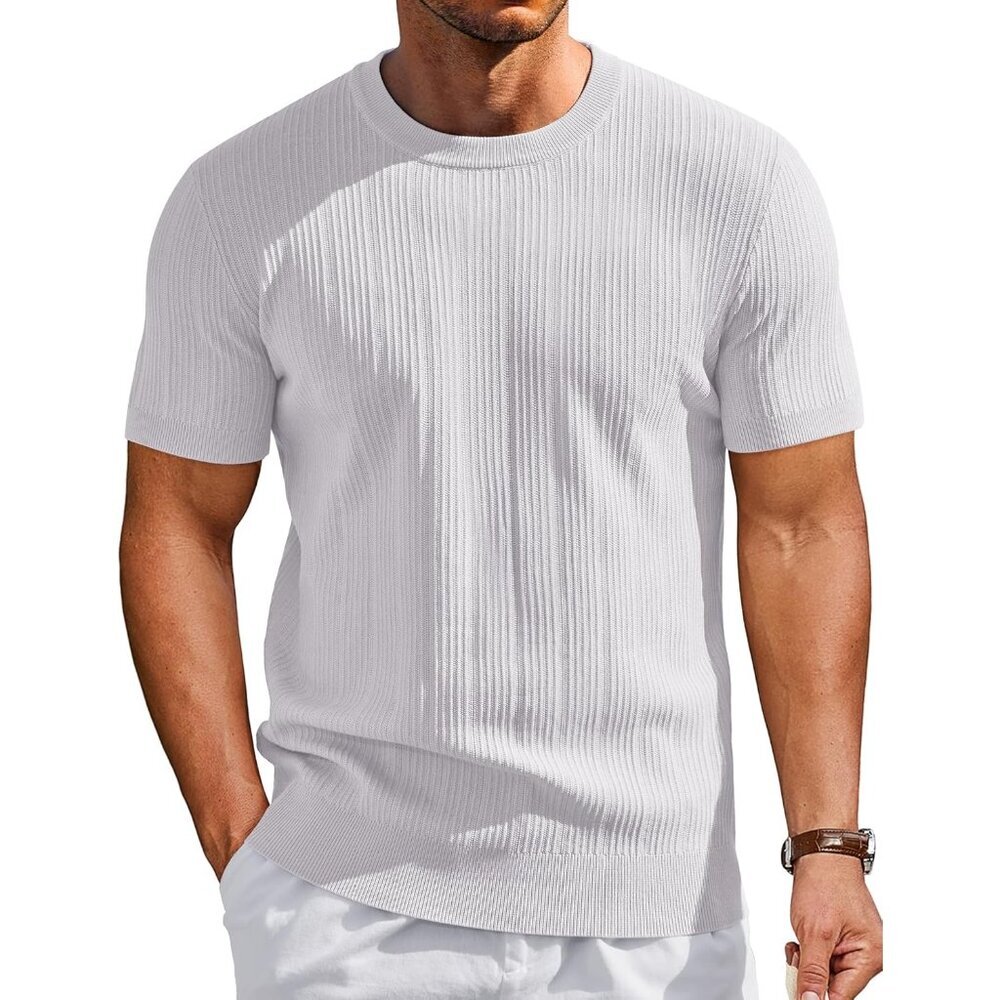 Men's White T-Shirts Short Sleeve Knit Casual Crewneck Ribbed Dress Shirts